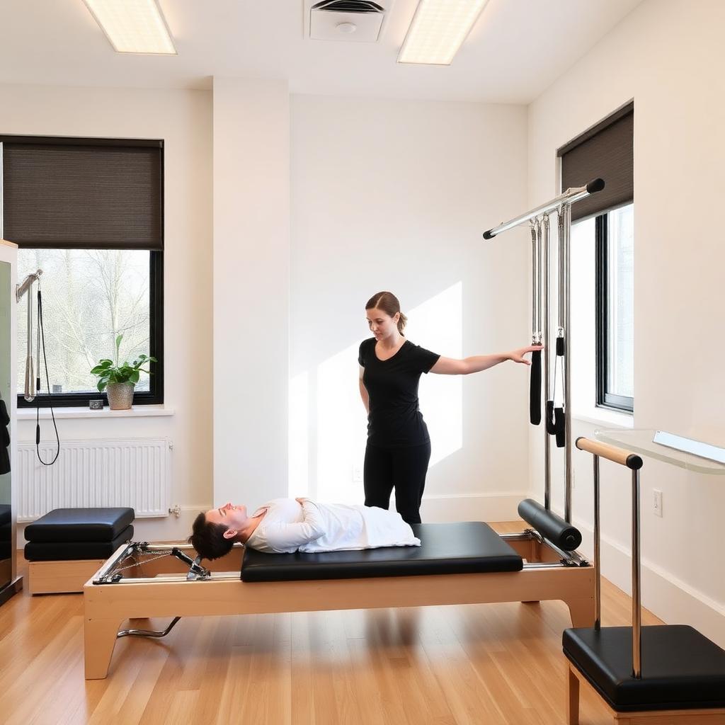 Estúdio de Pilates com aparelhos e ambiente clínico