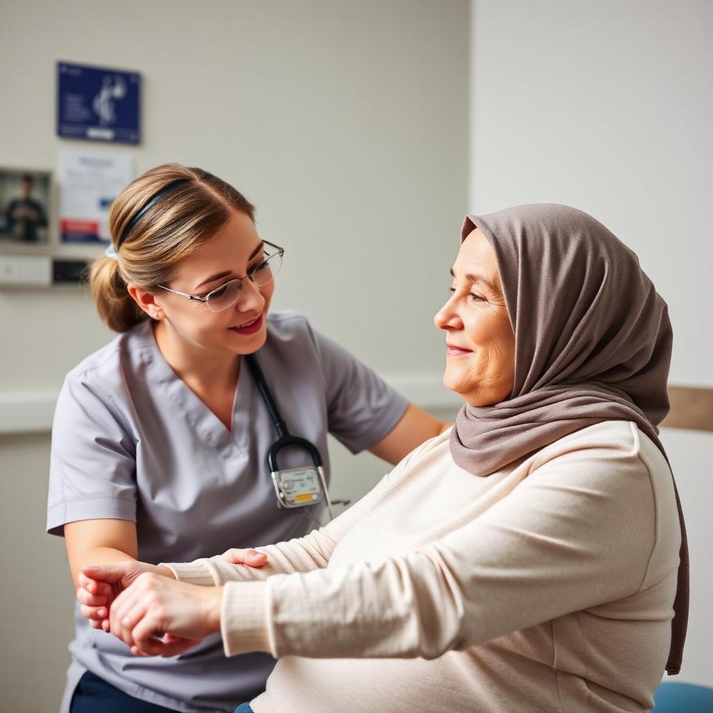 Sessão de fisioterapia com paciente em reabilitação oncológica
