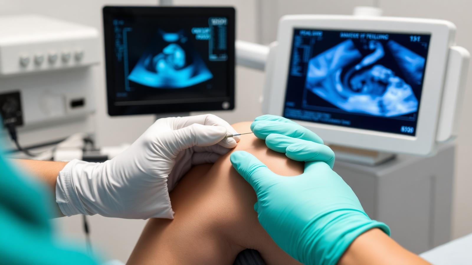 Ultrassom guiando agulha em procedimento de eletrólise percutânea
