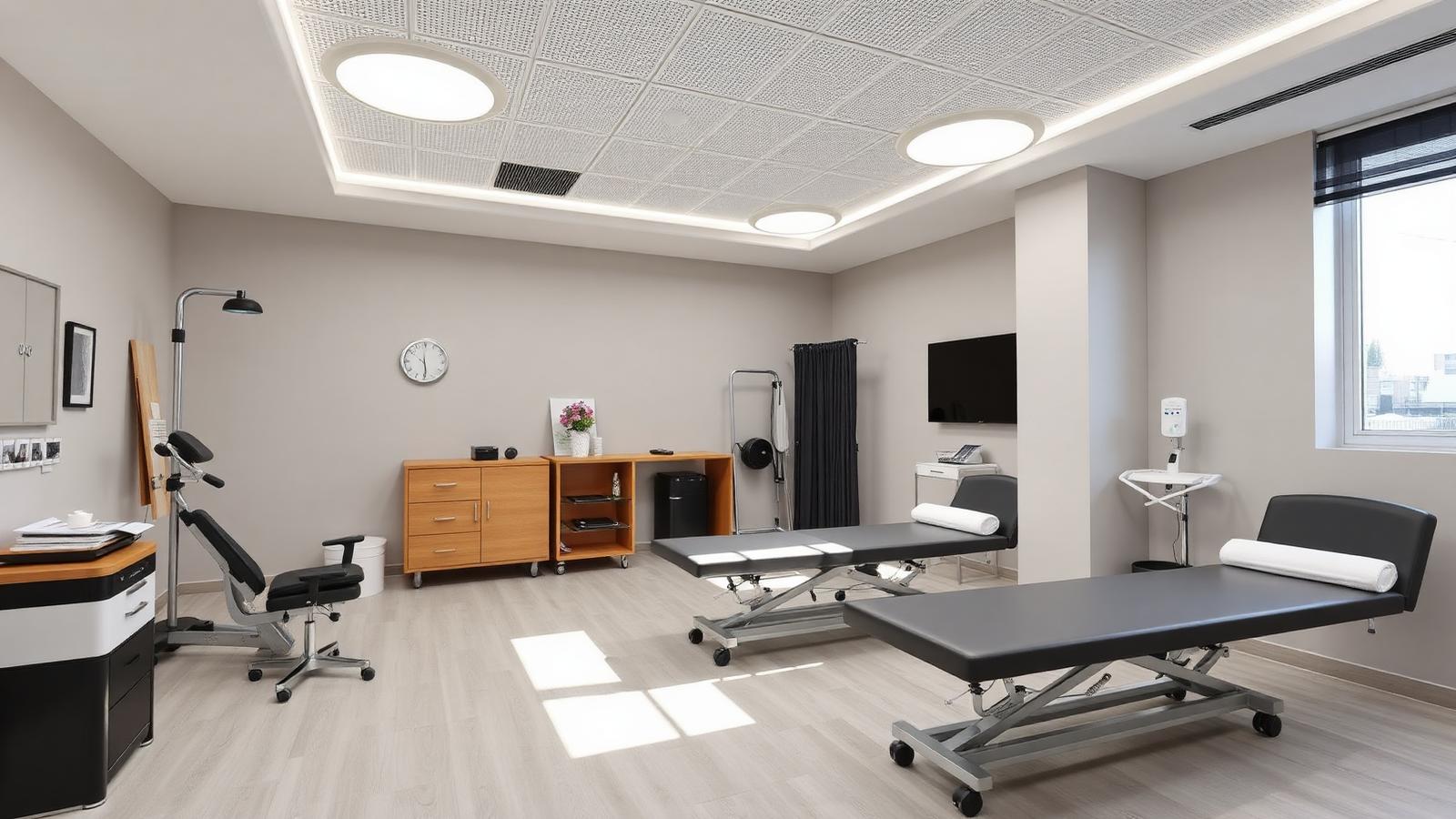Consultório moderno de fisioterapia com equipamentos de reabilitação